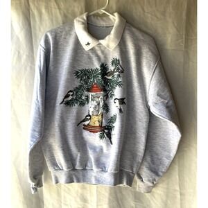 Vintage Womens‎ Bird & Squirrel Sweatshirt Grandma Core 90s Gray Granny Collared